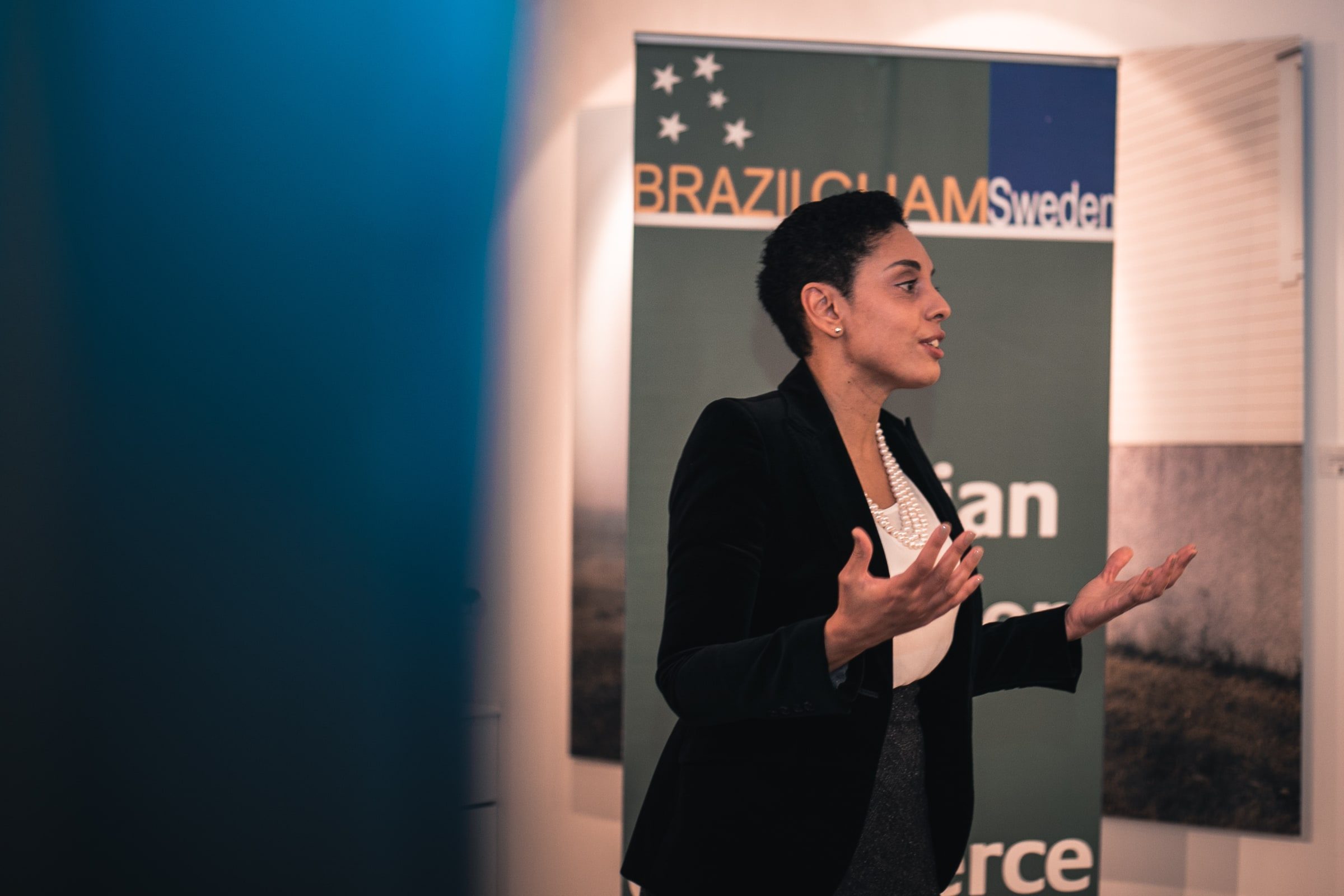 Woman speaking beside a Brazilian Chamber of Commerce banner.