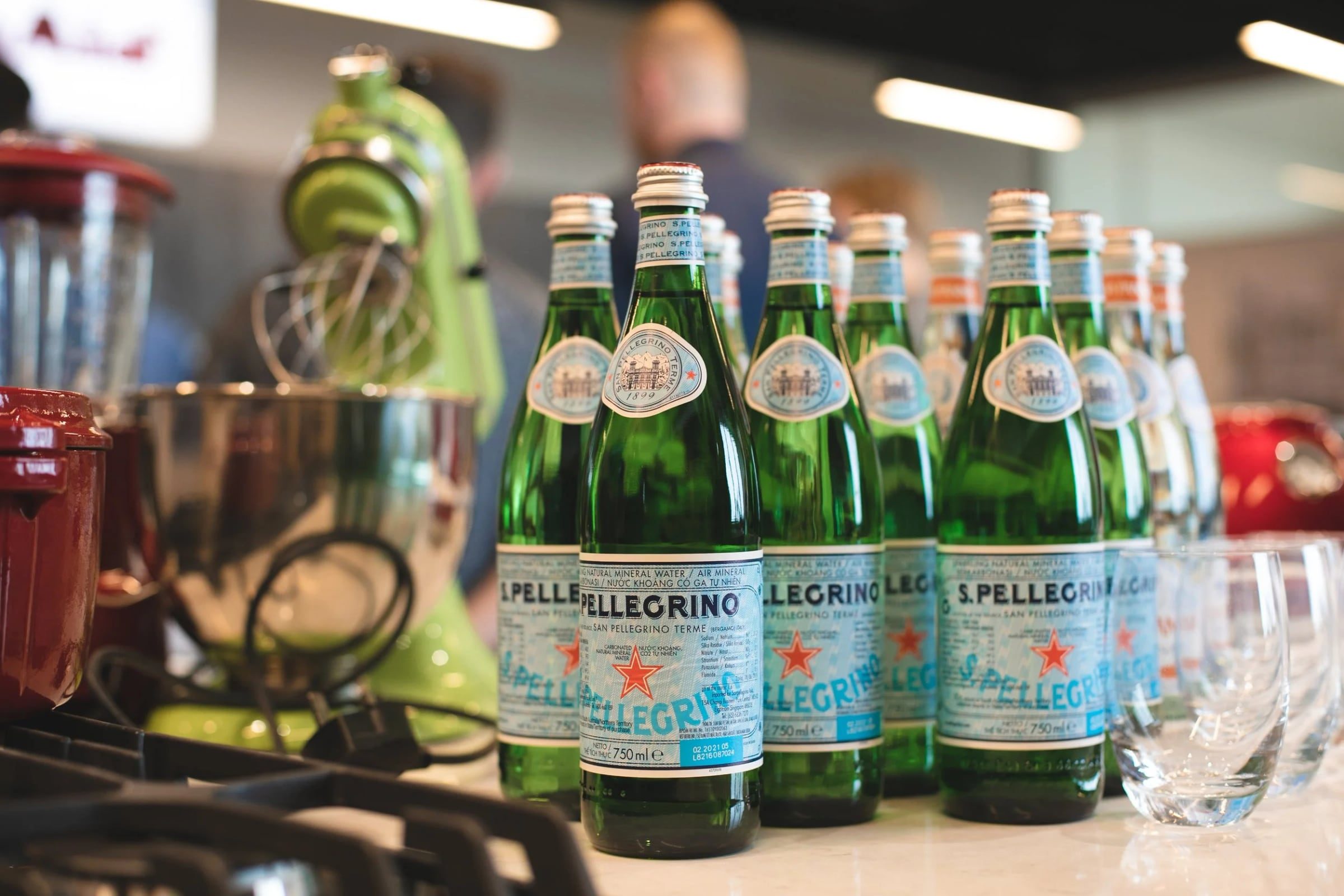 Acqua Panna and S.Pellegrino bottles arranged for workshop guests