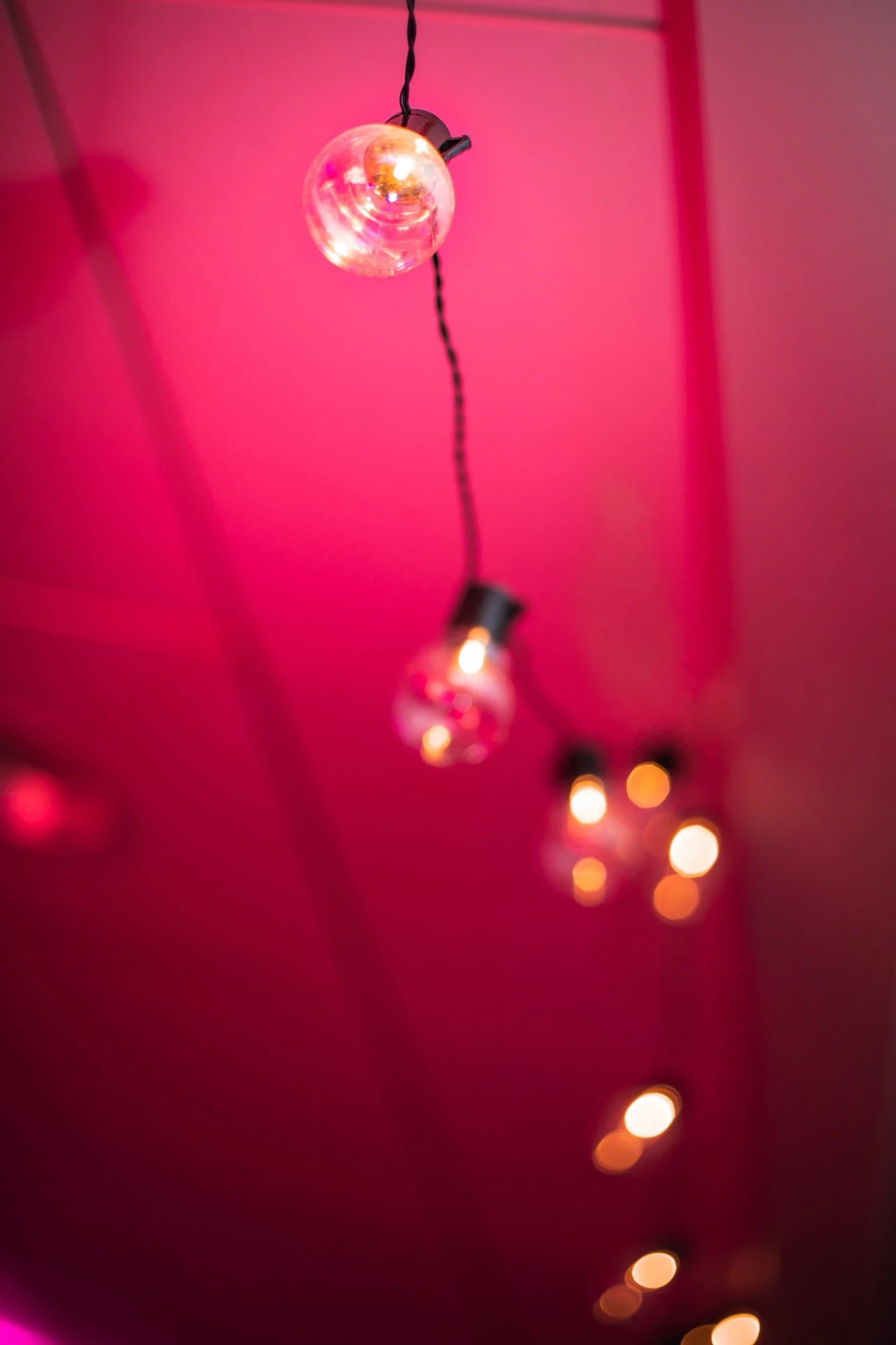 Hanging filament lights glowing against the pink backdrop at Relatable’s anniversary